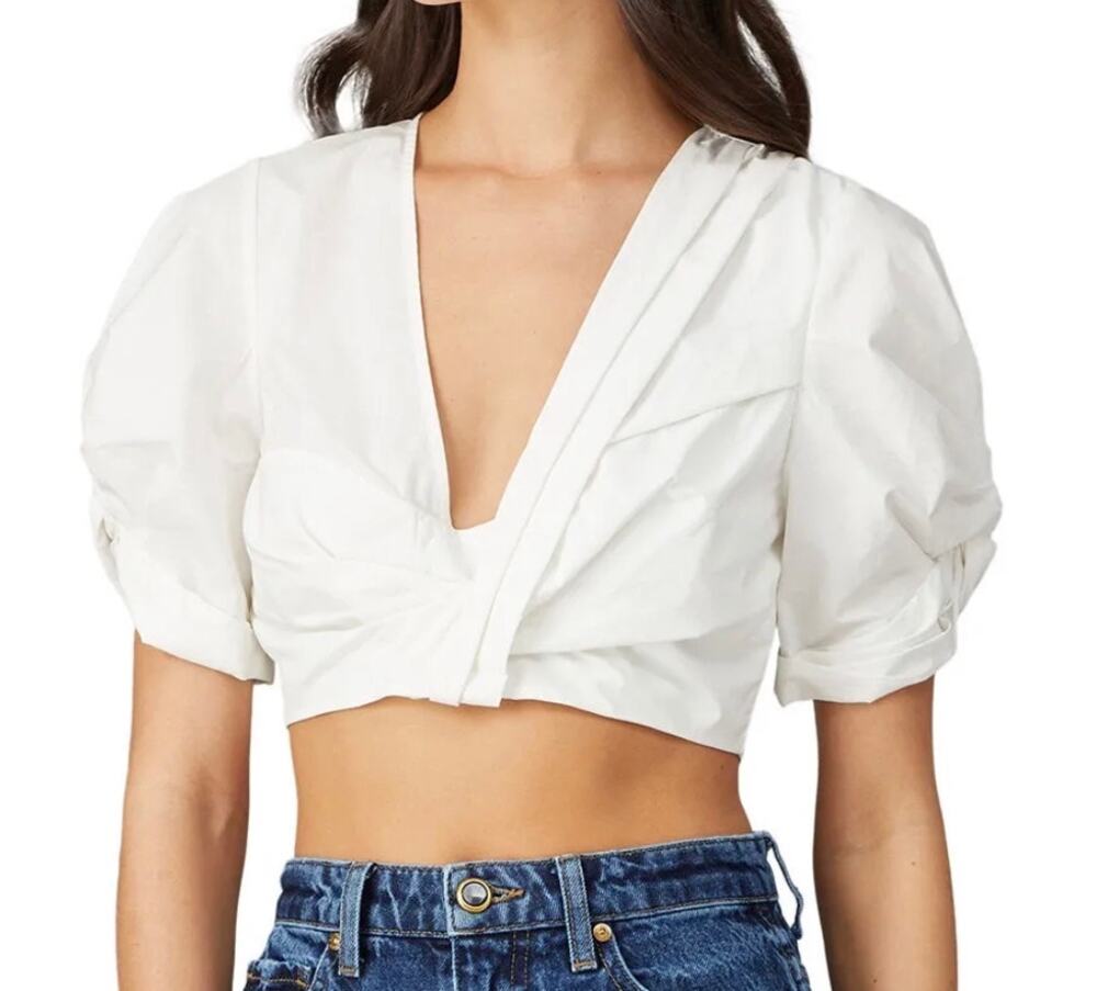 A.L.C. Crop Top Ryan White Cotton Puff Sleeve Knot Bust